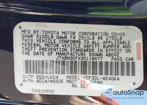 2003 Lexus Ls 430 from USA, damaged, VIN JTHBN30FX30118477